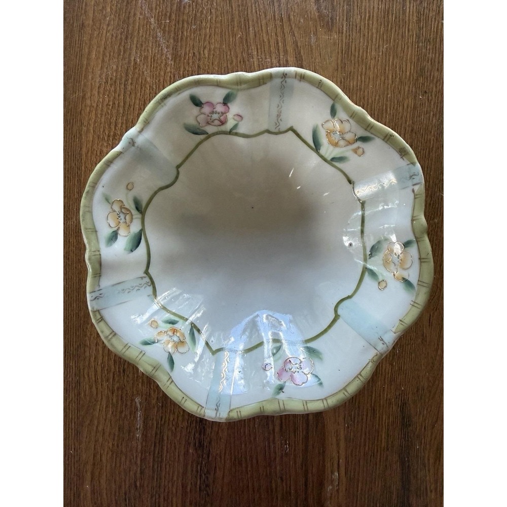 Antique Nippon Noritake Hand Painted 6 1/2" Scroll Foot Ruffled Candy Bowl